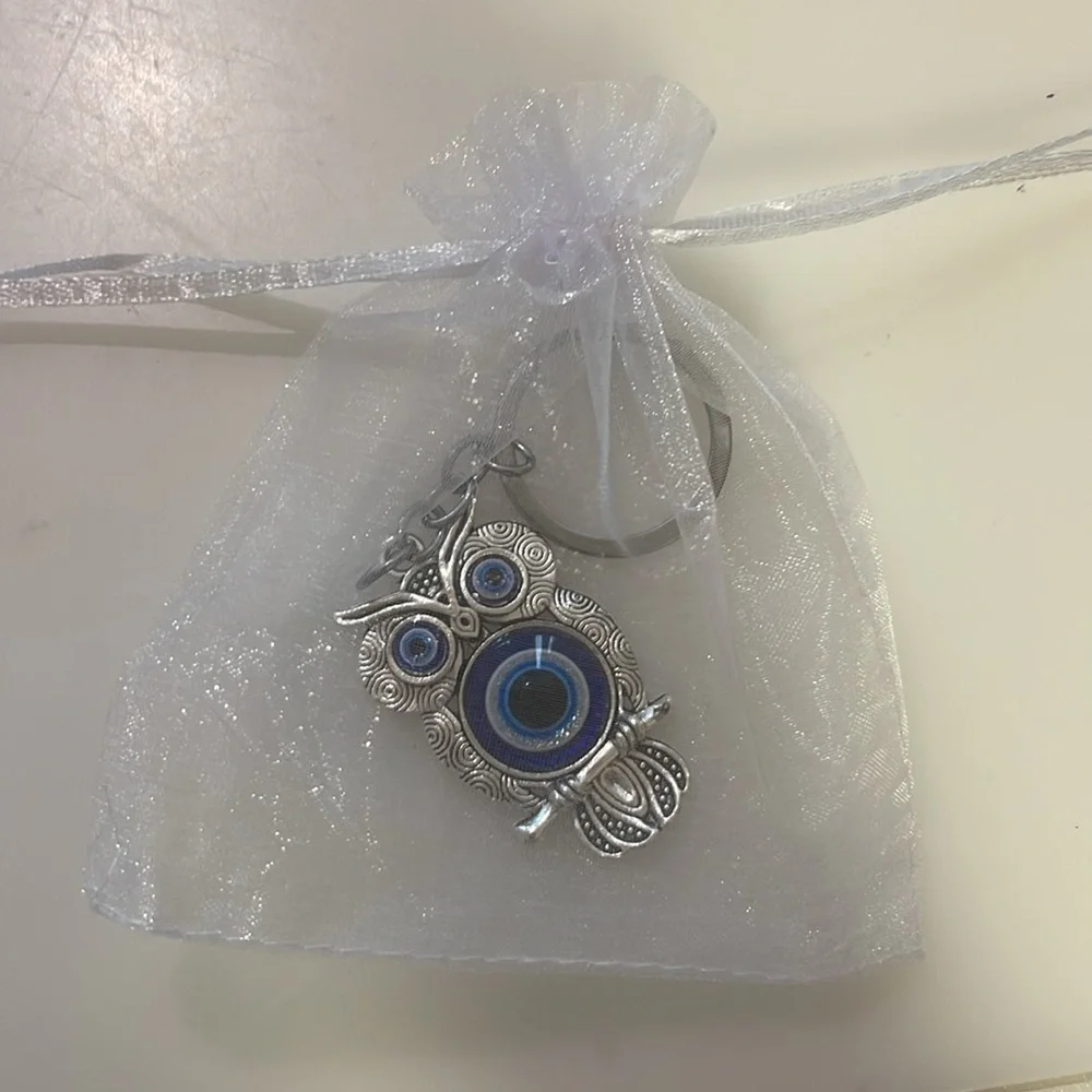 NEW Silver and Blue Turkish Eye Owl Keychain